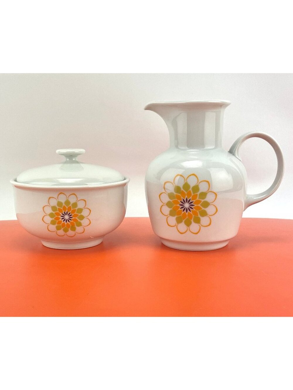 Vintage 70s sugar bowl and creamer set, orange, green, medallion floral, Alpine